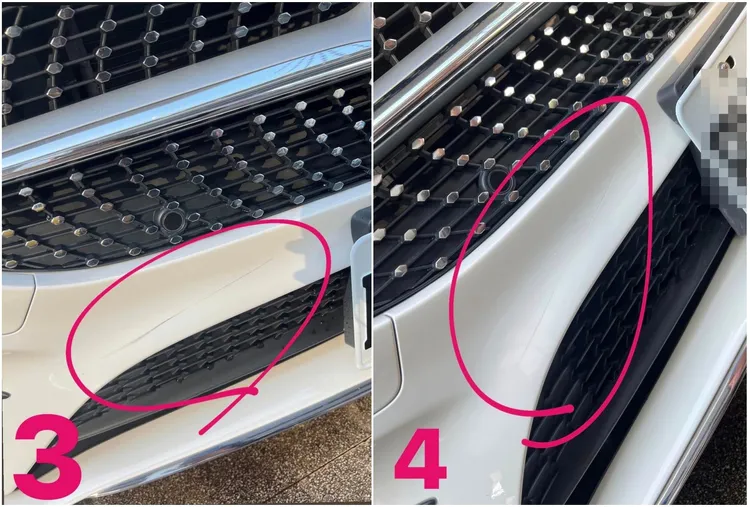 店方來告訴女車主保桿有刮痕時(左圖)，她氣到臉垮，後來店方進行處理後刮痕變淡(右圖)。翻攝自臉書「爆料公社二社」