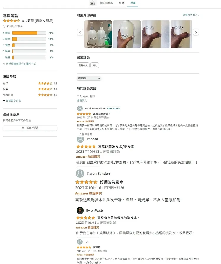 美國指名度第一、沙龍級品牌「Nexxus深層純淨洗髮精」，在美國Amazon上擁有超高評價。翻攝官網