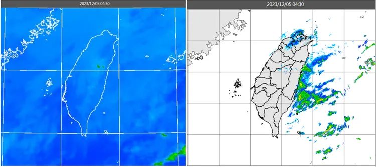 今(5日)晨4：30紅外線色調強化雲圖顯示，鋒面尾巴通過(左圖)。4：30雷達回波合成圖顯示，降水回波逐漸消散(右圖)。。取自氣象應用推廣基金會