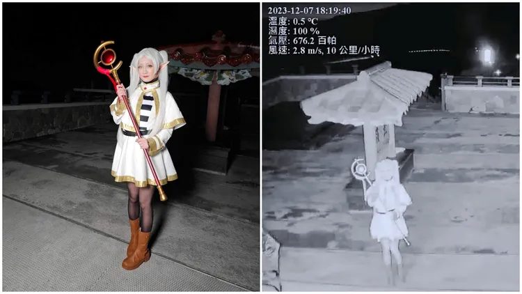 正妹Coser「Silverluri Luo」頂的近0度的低溫，上武嶺拍攝作品。翻攝自臉書Silverluri Luo