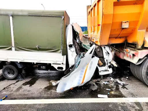小貨車國道追撞凹成L型　命真大！駕駛緊貼車體險成肉餅