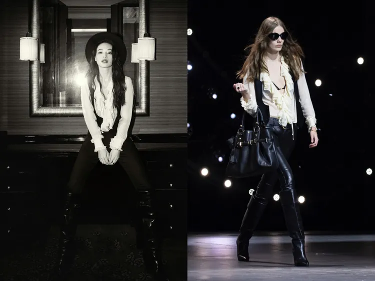 舒淇演繹絲緞褶葉襯衫、法蘭絨馬甲搭配緊身褲和皮靴，散發搖滾風貌。品牌提供