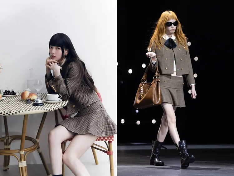 韓國女神秀智（右）選擇以格紋裙裝，搭配齊劉海髮展現復古感