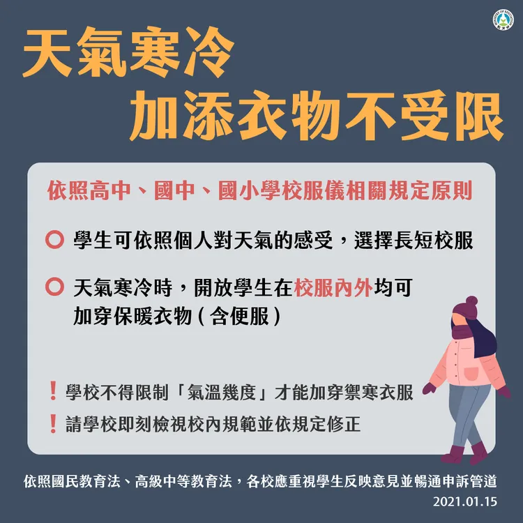 教育部提醒，學校不得限制「氣溫幾度」才能加穿禦寒衣服。翻攝自教育部臉書
