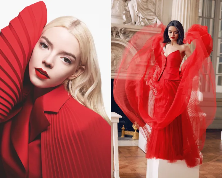 代言人安雅泰勒喬伊（左圖）與瑞秋曾格勒（右圖）為全新藍星唇膏拍攝形象照，身著的禮服也空運來台展出。品牌提供