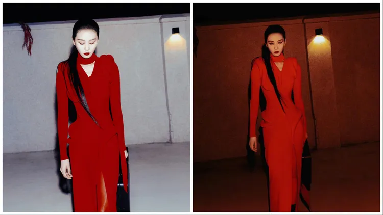 選穿ALEXANDER MCQUEEN紅色洋裝延續新劇中的英氣造型。翻攝劉詩詩微博