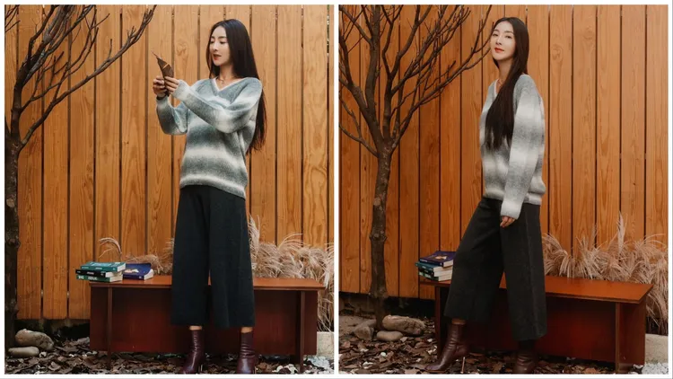 吳速玲選穿灰色漸層羊毛衫搭配寬管褲。翻攝吳速玲IG