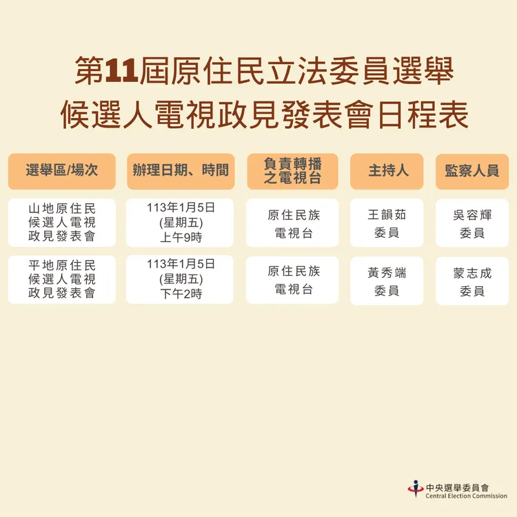 原住民立委候選人政見發表會日期。中選會提供