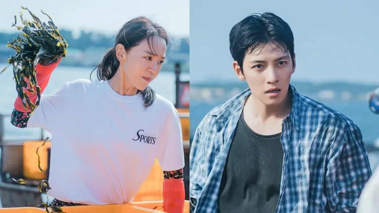 申惠善（左圖）劇中丟海帶不手軟，池昌旭也不甘示弱反擊。翻攝JTBC