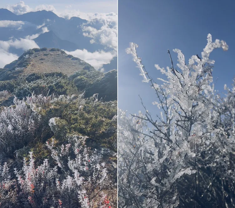 玉山氣象站昨日開始觀測到霧淞，今日尚未融化。玉山氣象站提供