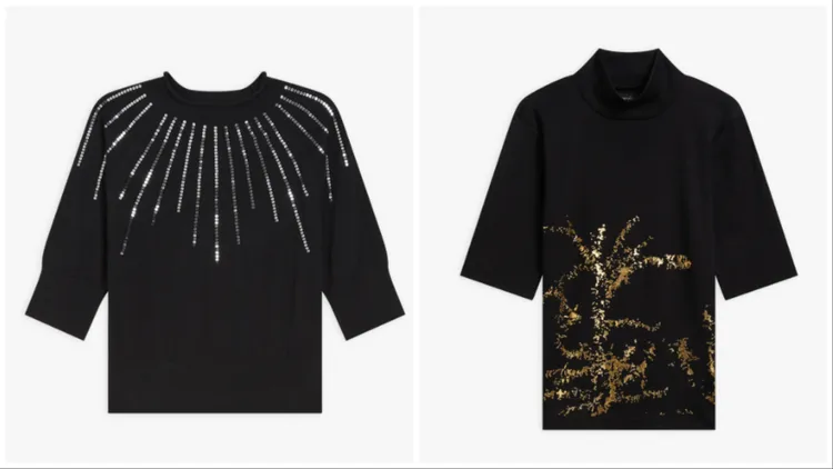 珠片套頭衫（左）1萬1980元、Vian小高領棉質上衣（右）5580元。品牌提供