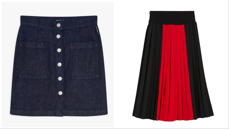 牛仔短裙（左）1萬580元、撞色百褶裙（左）2萬8980元。品牌提供