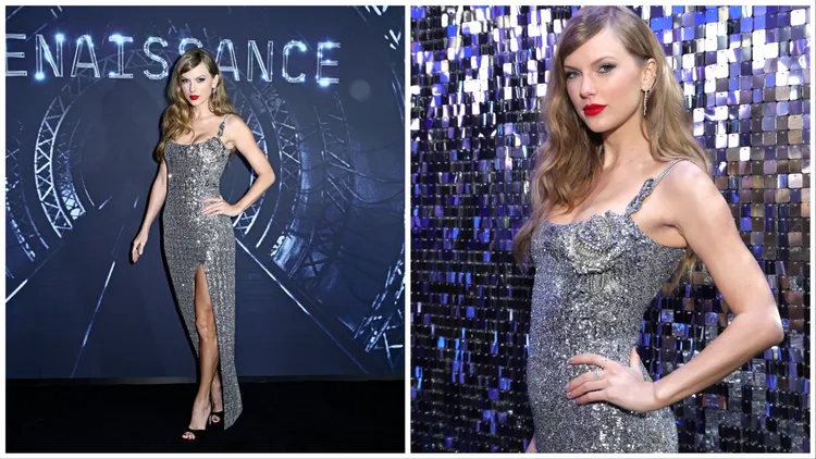 泰勒絲穿著水鑽串珠玫瑰扭結連身洋裝。品牌提供