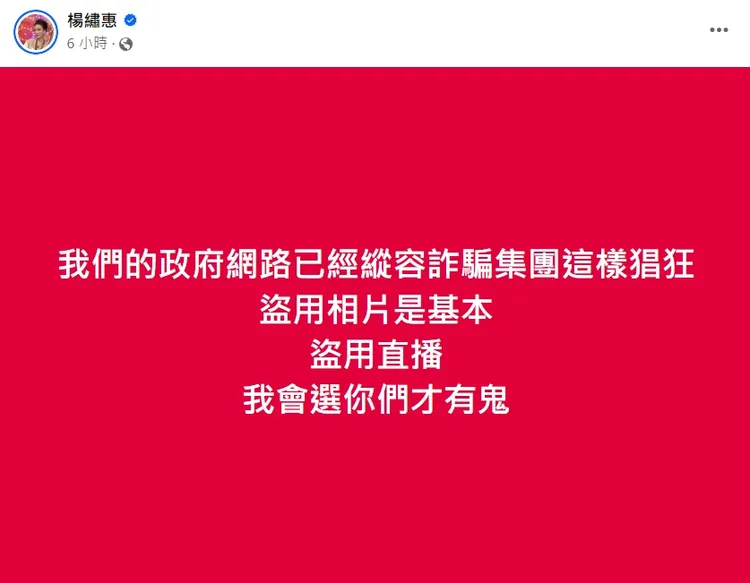 楊繡惠發現連直播也被盜，怒罵政府「我會選你們才有鬼」。翻攝楊繡惠臉書