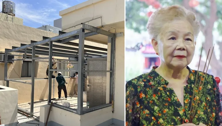 柯文哲新竹市老家頂樓違建拆除(左，民眾黨新竹黨部提供)。右為柯媽(高虹安團隊提供)