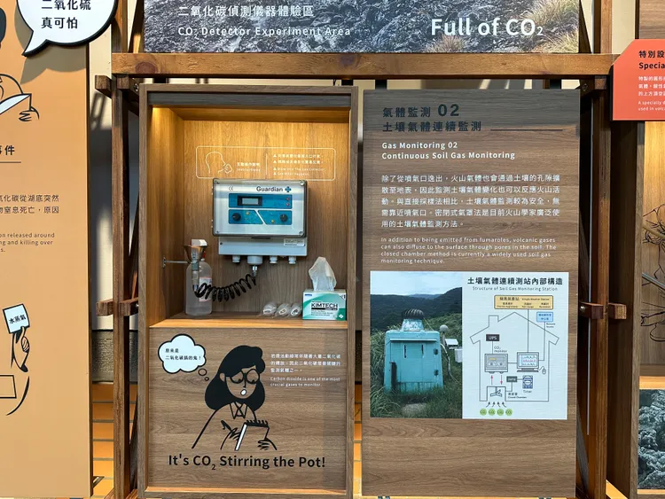 大屯火山觀測站內的展區，此處檢驗二氧化碳的儀器，民眾可體驗「呼氣」，模擬監測火山噴出的二氧化碳。王良博攝
