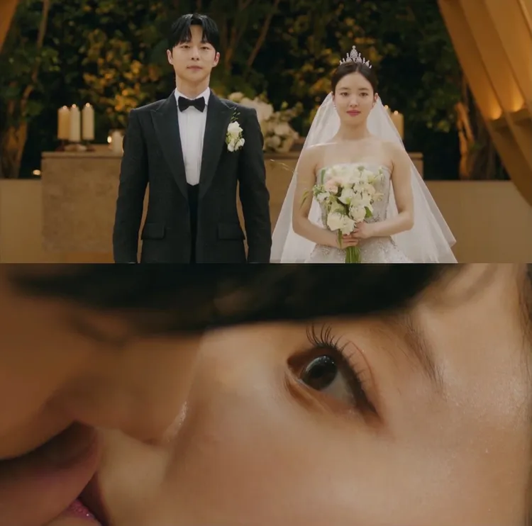 《烈女》裴仁爀（上圖左）拜託穿越到現代的李世榮契約結婚，接吻時使用相同借位手法。翻攝friDay影音