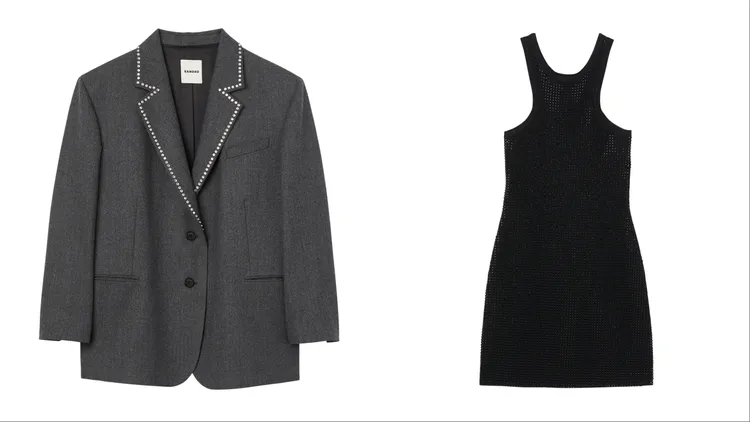 灰色水鑽領西裝外套（左）1萬6790元、黑色水鑽削肩洋裝（右）1萬4690元。品牌提供