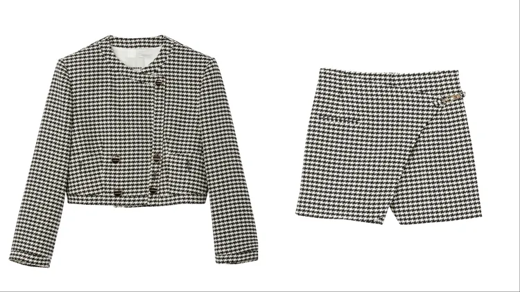黑白千鳥格短版外套（左）1萬3790元、黑白色千鳥格短褲（右）8290元。品牌提供