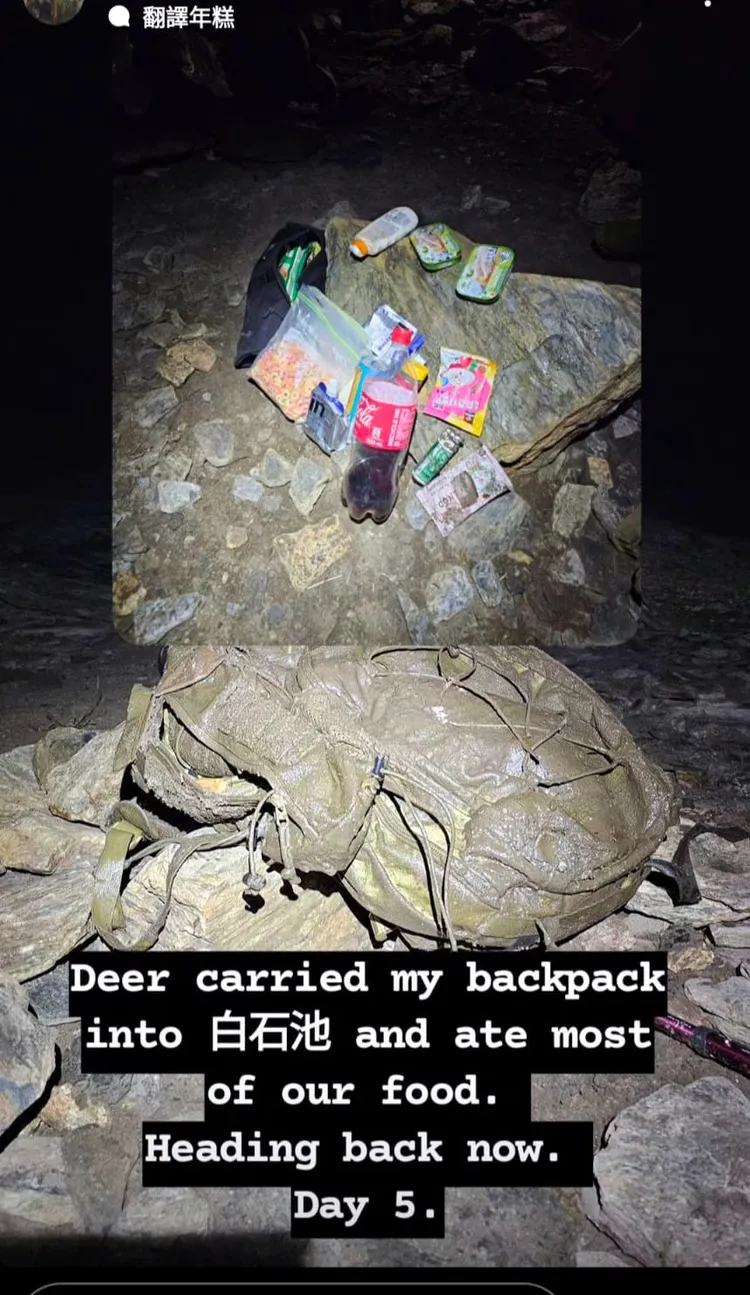 2名外籍人士日前攀登能安緃走，遭水鹿吃光食物還咬破衣服。翻攝臉書「天池山莊大小事」