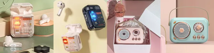 復古電玩遊戲風格設計的藍芽耳機及迷你卡拉OK帶來天堂般的歡樂氛圍。業者提供