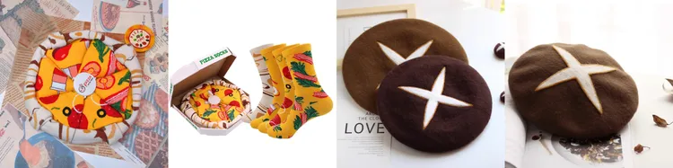 披薩襪子及香菇貝雷帽為聖誕穿搭抹上俏皮可愛的風采。業者提供