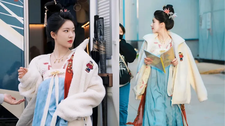 趙露思在唐裝戲服外套上TeenieWeenie白色小熊羊羔毛外套著。翻攝姊姊的衣櫥小紅書