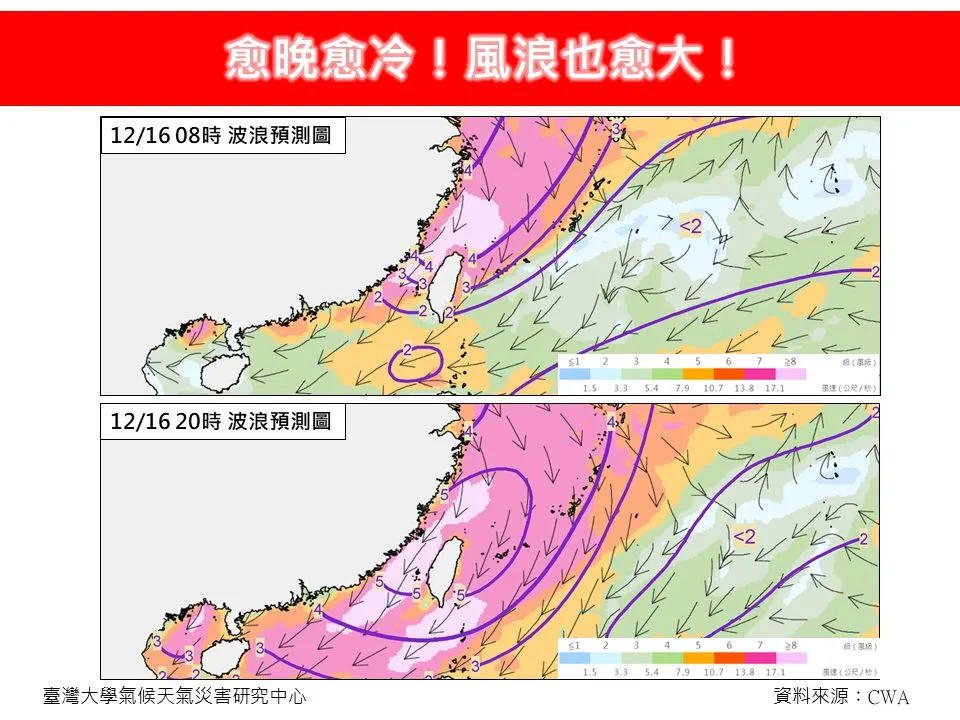 今天越晚越冷,風浪大。翻攝自林老師氣象站