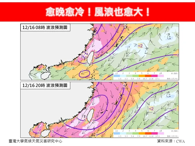 今天越晚越冷，風浪大。翻攝自林老師氣象站