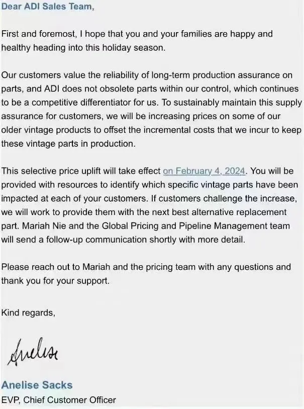 ADI已發信給供應商通知明年將漲價。翻攝中國半導體論壇