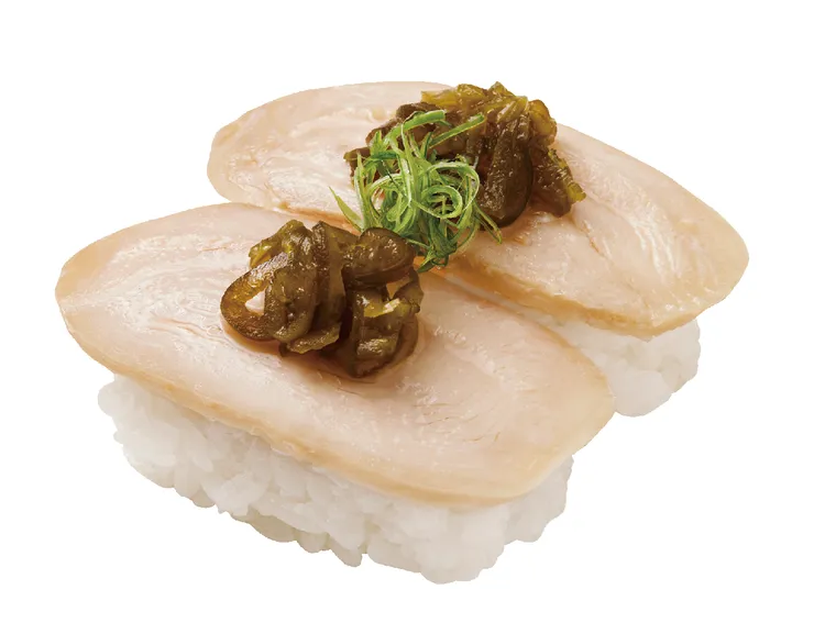 ▲ 剝皮辣椒雞作成壽司，口味絕妙，也代表想要在職場中生存，要有一定的嗆辣度才行 ! / 嚐鮮價 : NT30元。