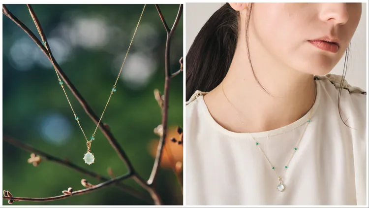 10K x綠水晶x白碟貝項鍊，1萬3700元。品牌提供
