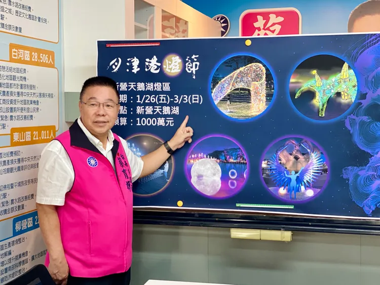 市議員蔡育輝宣布好消息，天鵝湖燈區相關作品隨之曝光。王志弘攝
