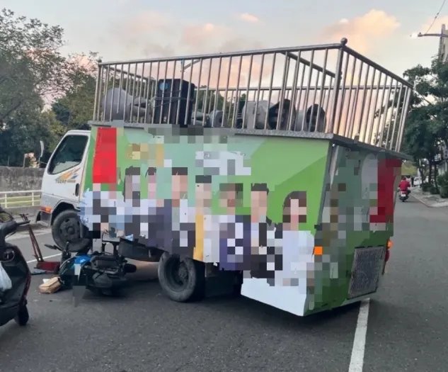 陳美雅反擊，賴清德宣傳車違規大迴轉，把騎車民眾的腿撞到骨折。陳美雅總部提供