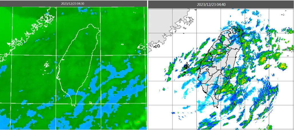 今(23日)晨4:30紅外線色調強化雲圖顯示,南方中層雲系移入,迎風面仍有低層雲(左圖)。4:40雷達回波合成圖顯示,雲層皆伴隨弱降水回波(右圖)。取自氣象應用推廣基金會