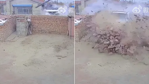 傻眼片｜忽有龐然大物「拔桿破牆而來」　蓋一失控汽車也