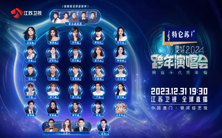 江蘇衛視跨年演唱會陣容，包括林俊傑、鄧紫棋、李宇春等。翻攝江蘇衛視微博