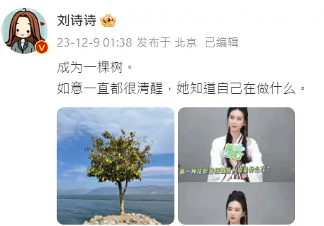劉詩詩9日突然發文寫下想當一棵樹。翻攝劉詩詩微博