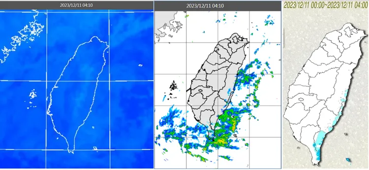 今(11日)晨4：10時紅外線色調強化雲圖顯示，各地雲層稀疏，東側海上低雲較多(左圖)。4：10雷達回波合成圖顯示，東側海上有降水回波(中圖)。4時累積雨量圖顯示，花東有局部雨(右圖)。取自氣象應用推廣基金會