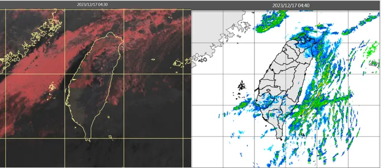 今(17日)晨4：30時真實色雲圖顯示，迎風面低雲多(左圖)。4：40雷達回波合成圖顯示，低雲伴隨降水回波(右圖)。取自氣象應用推廣基金會