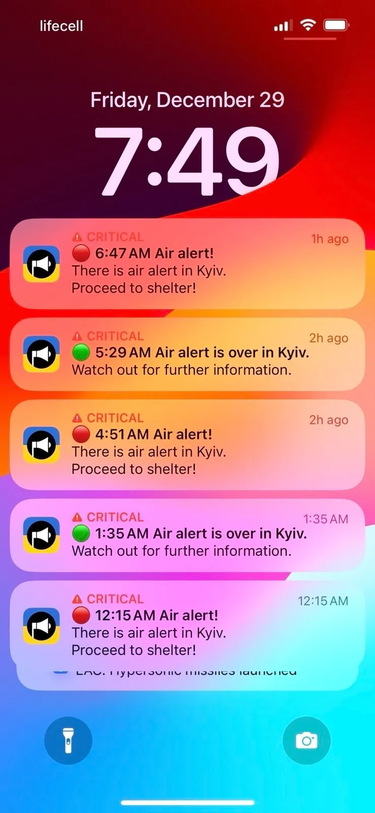 美國駐烏克蘭大使上傳手機截圖，可見基輔在夜間內收到多次空襲警報。翻攝推特@USAmbKyiv