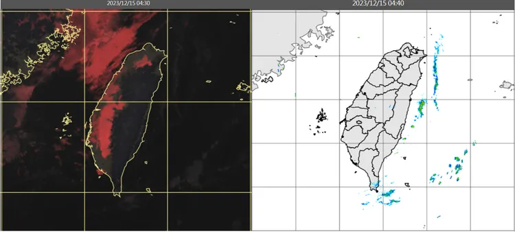 今(15日)晨4：30時真實色雲圖顯示，陸地上晴朗，中南部及台灣海峽有低雲或霧(左圖)。4：40雷達回波合成圖顯示，陸地上無降水回波(右圖)。取自氣象應用推廣基金會