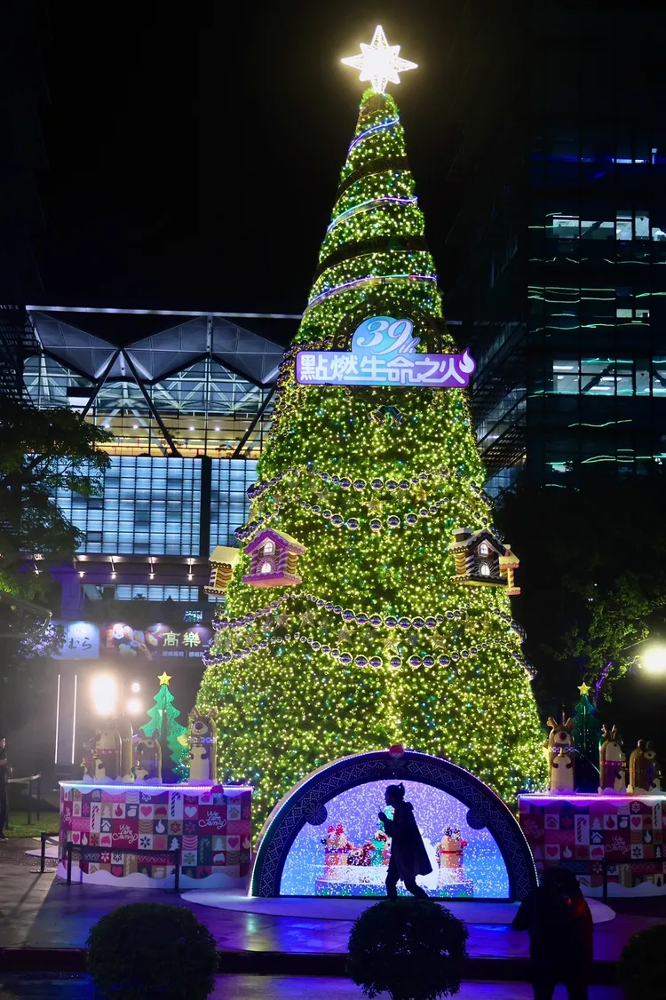 南港中國信託金融園區三重世貿公園點亮12米高的「LIGHT UP！心願樹」。林林攝