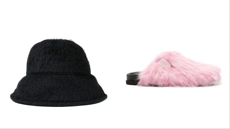 LOGO皮草漁夫帽（左）7800元、粉色皮草拖鞋（右）2萬7800元。品牌提供