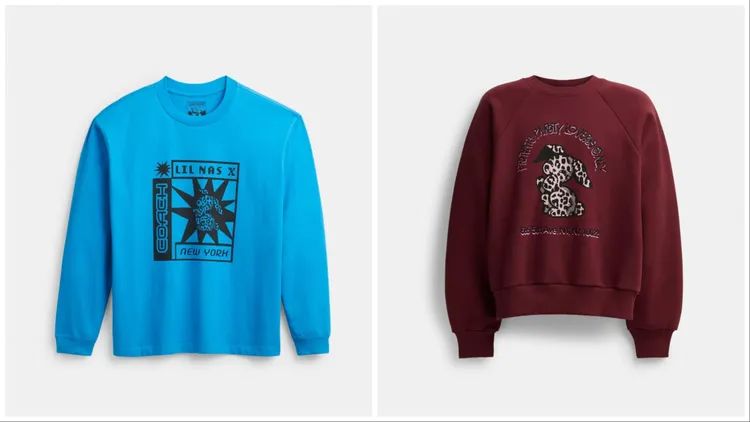 藍色圖騰大學T（左）5900元、酒紅色圖騰大學T（右）7500元。品牌提供