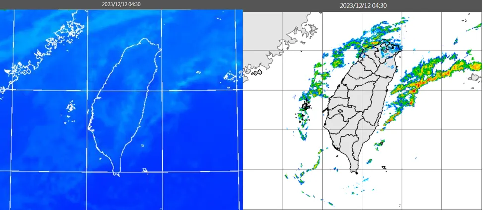 今(12日)晨4：30時紅外線色調強化雲圖顯示，迎風面低層雲增多(左圖)。4：30雷達回波合成圖顯示，低層雲伴隨降水回波(右圖)。取自氣象應用推廣基金會
