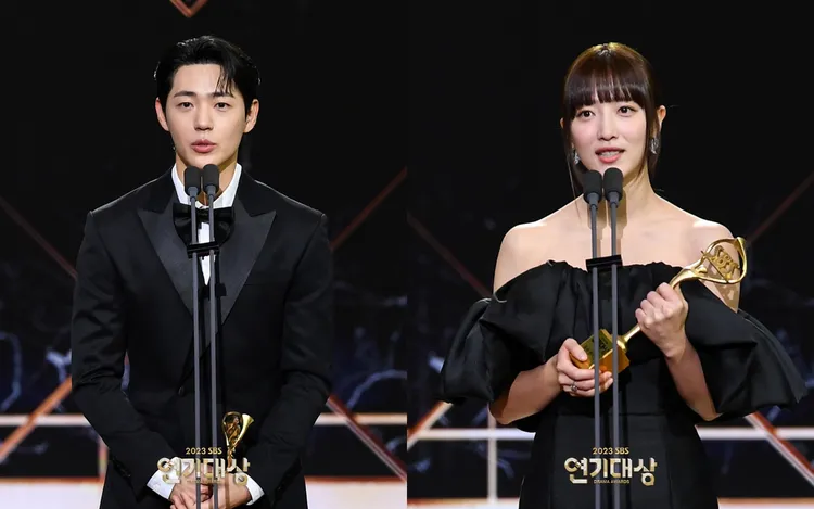 《模範計程車2》辛載夏（左圖）、表藝珍得系列影集優秀男女演員獎。翻攝SBS