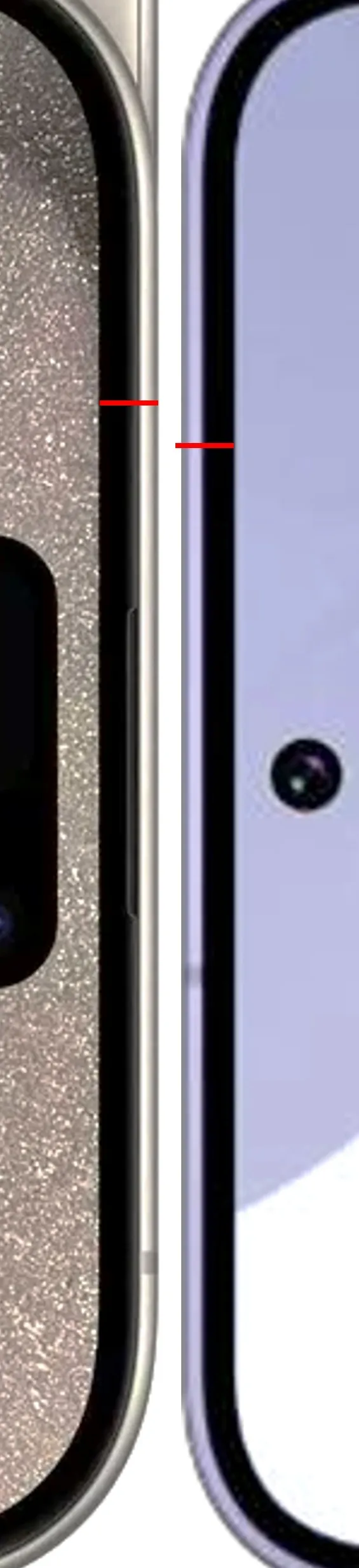 iPhone 15 Pro Max（左）與Galaxy S24+（右）邊框（紅線處）之對比。翻攝i冰宇宙的微博