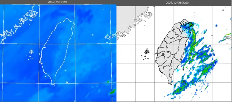 今(29日)晨4：50紅外線色調強化雲圖顯示，迎風面仍有低層雲(左圖)。5時雷達回波合成圖顯示，低層雲伴隨降水回波(右圖)。取自氣象應用推廣基金會