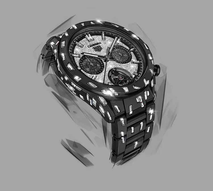 TAG Heuer Carrera Plasma前衛鑽石陀飛輪計時腕錶，44mm，噴砂黑色陽極處理氧化鋁錶殼，多晶鑽石錶面，黑色鋁製錶帶，Calibre Heuer 02T Nanograph機芯，動力儲存65小時，鑽石總重15.5克拉，1683萬元。品牌提供